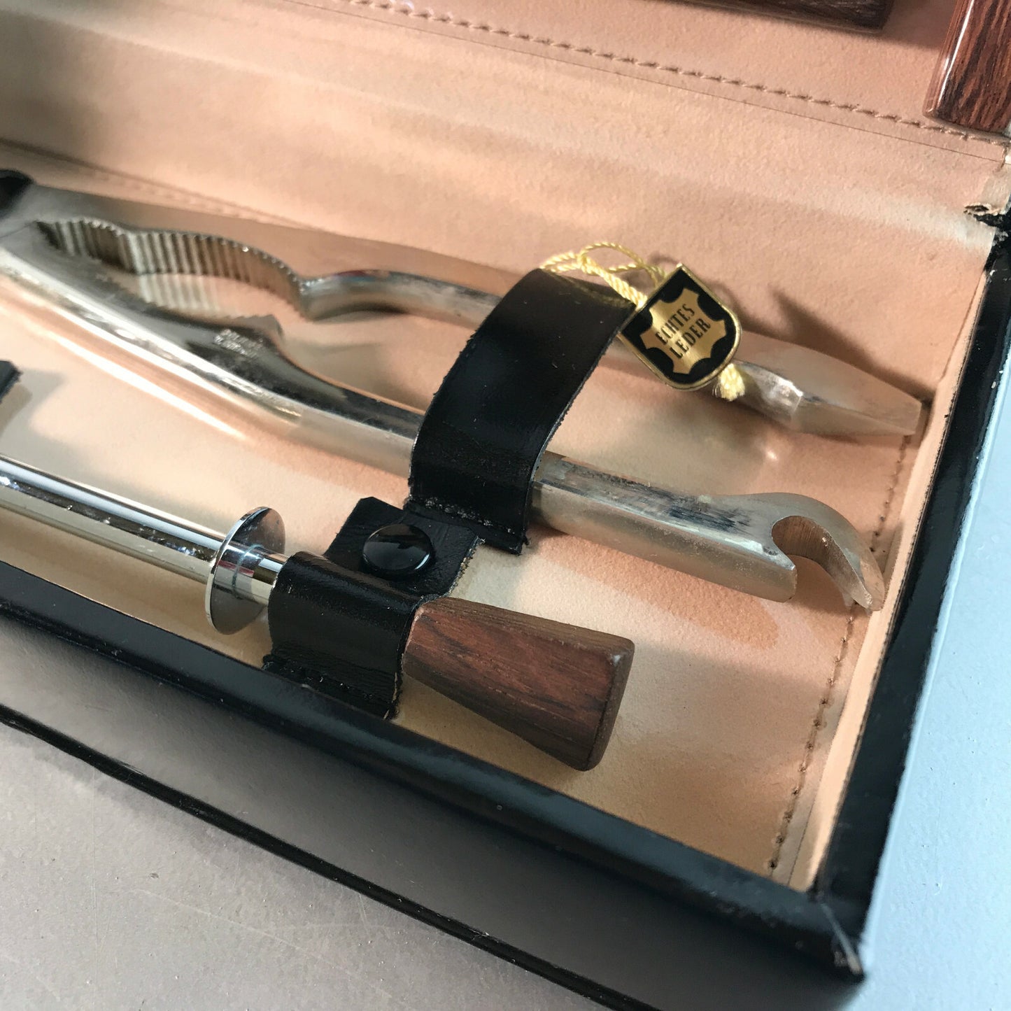 Vintage Barset SALTO Solingen Shaker Löffel Holz 60er MID CENTURY Leder