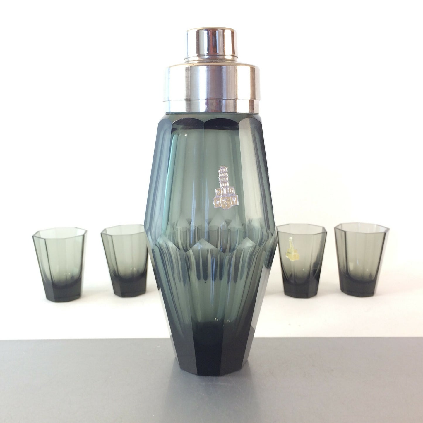VINTAGE Shaker Art Déco Facetten HAIDA Böhmen Cocktailshaker Glas Gläser