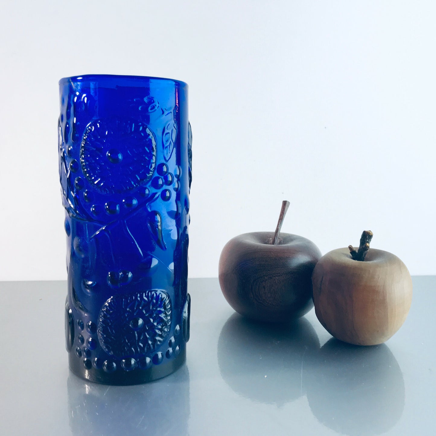 VINTAGE Vase 50er 60er Glas MID CENTURY 16 cm Vase blau Muster