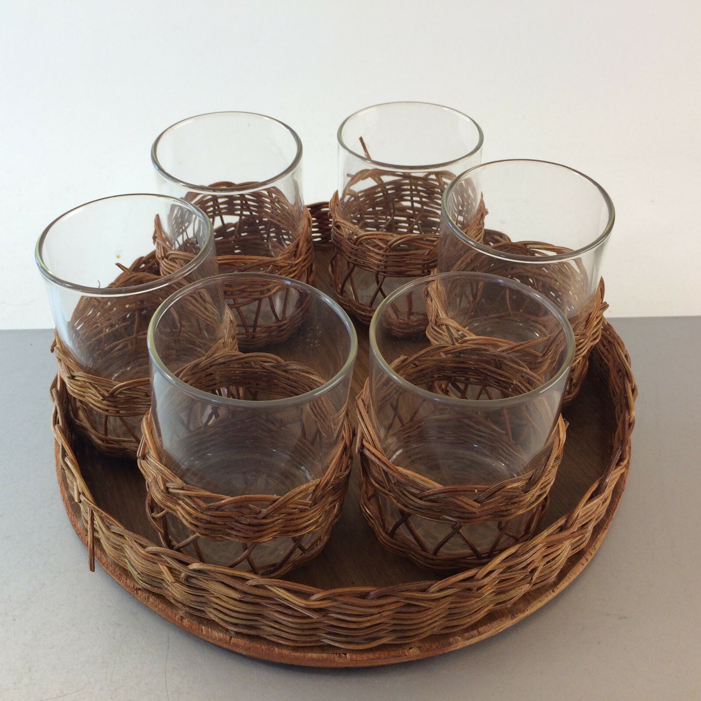 MID CENTURY 6er Set Teegläser Gläser Schott 50er 60er Tablett Holz 25 cm