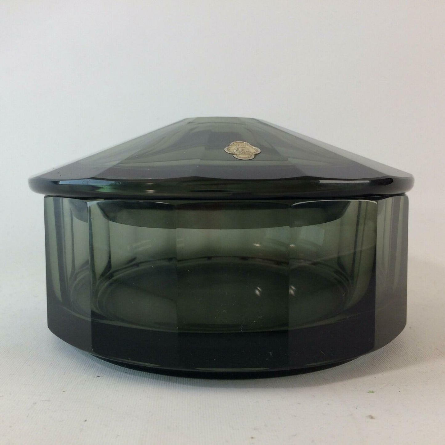 Art Déco Glasdose Dose gemarkt Rauchglas Facettenschliff 15,5 cm Böhmen