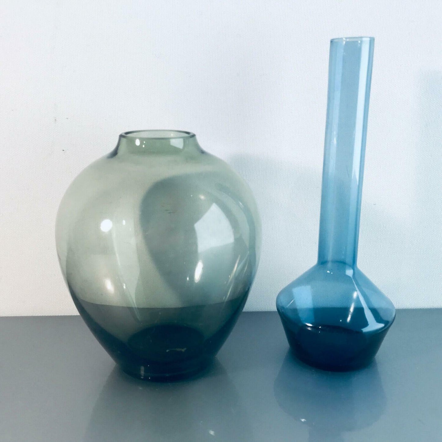 Vintage Glas Vase blau Rauchglas 50er 60er MID CENTURY 14 cm & 10,5 cm