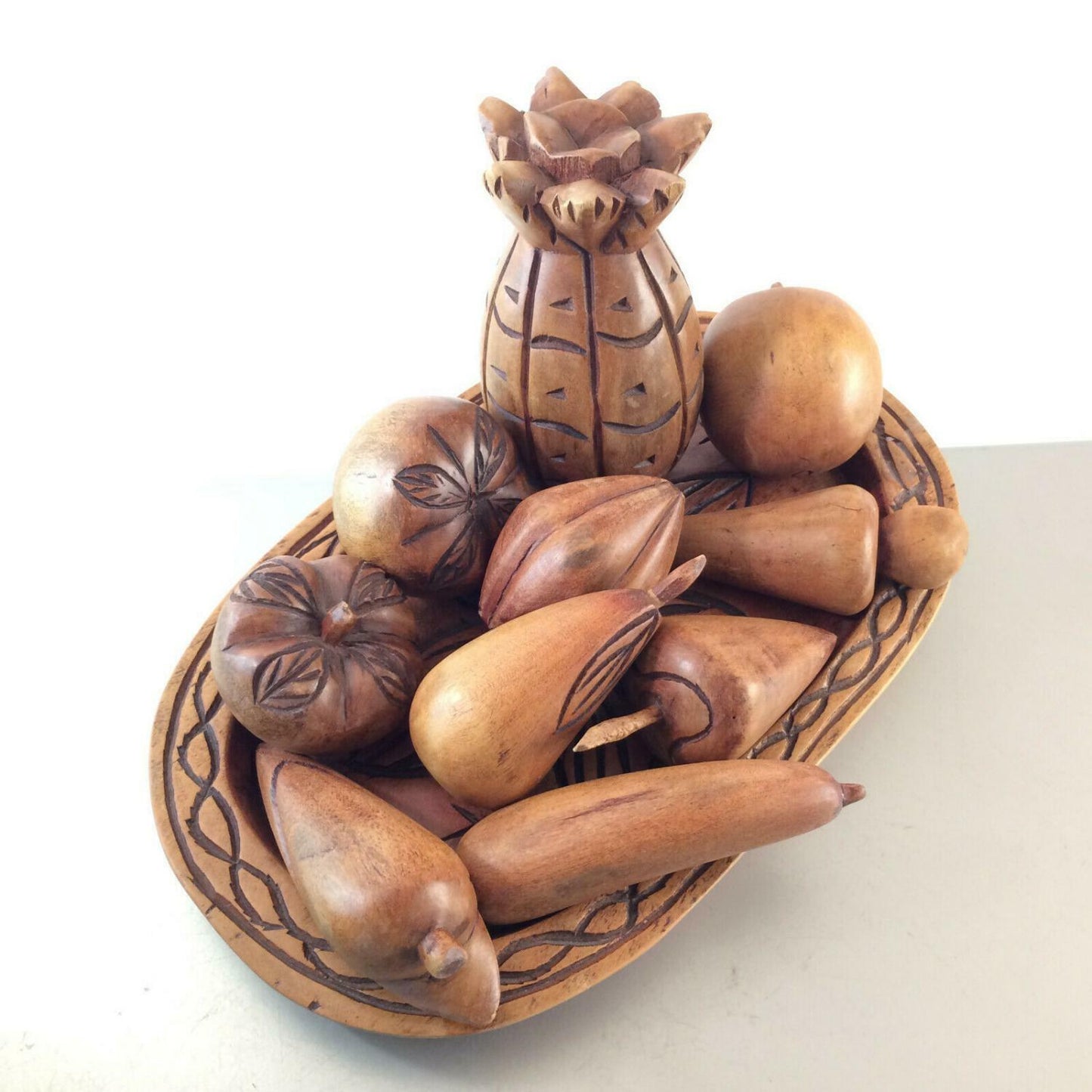 Vintage OBST Teller Schale Holz Holzschale MID CENTURY Ananas Äpfel Mais