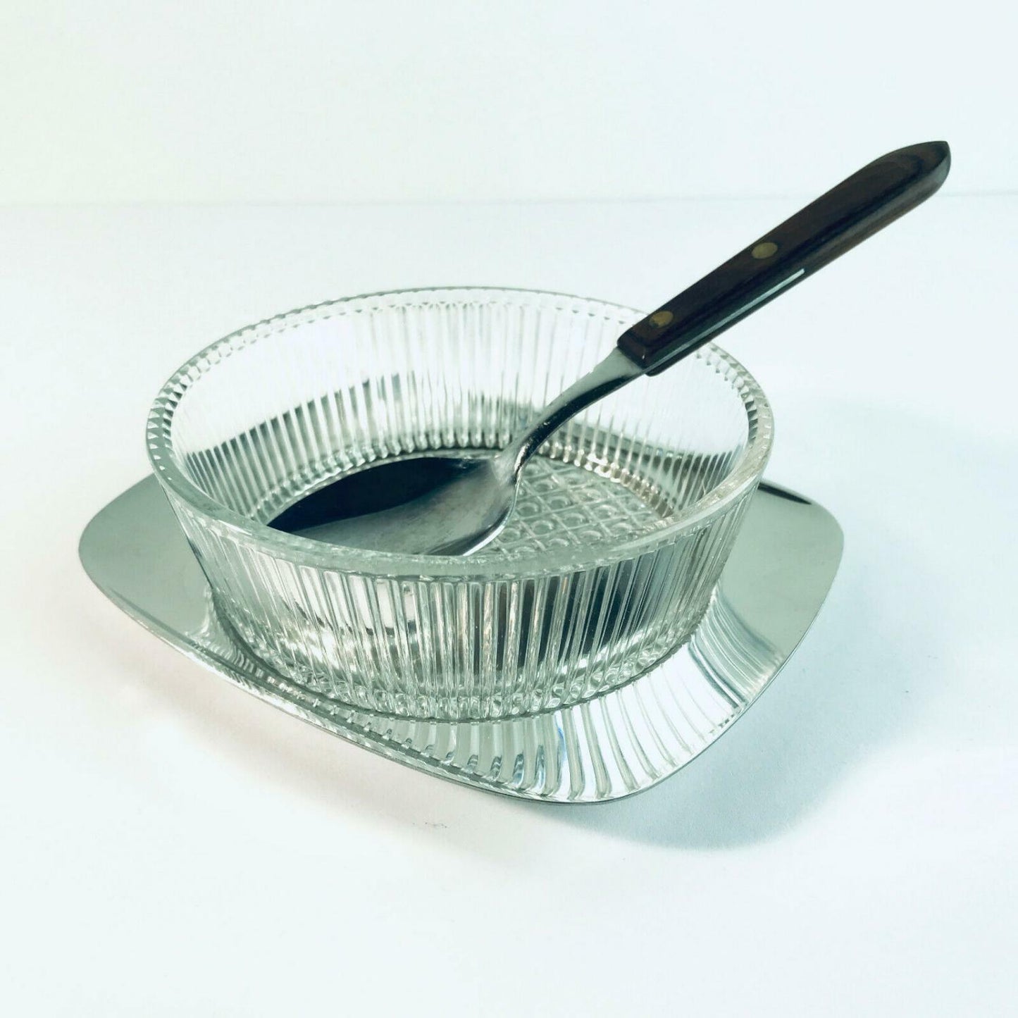 WILKENS Tablett EDELSTAHL GLAS Schälchen Oliven Käse 60er 70er + Löffel