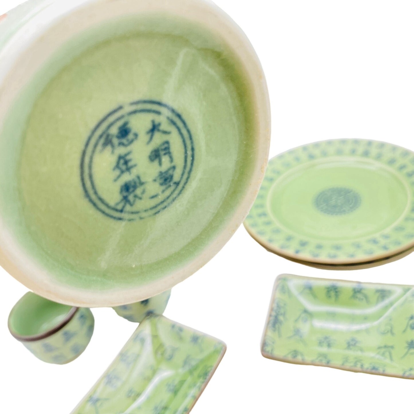 Porzellan Schalen Schüssel grün Schriftzeichen asiatisch Teeschalen Set
