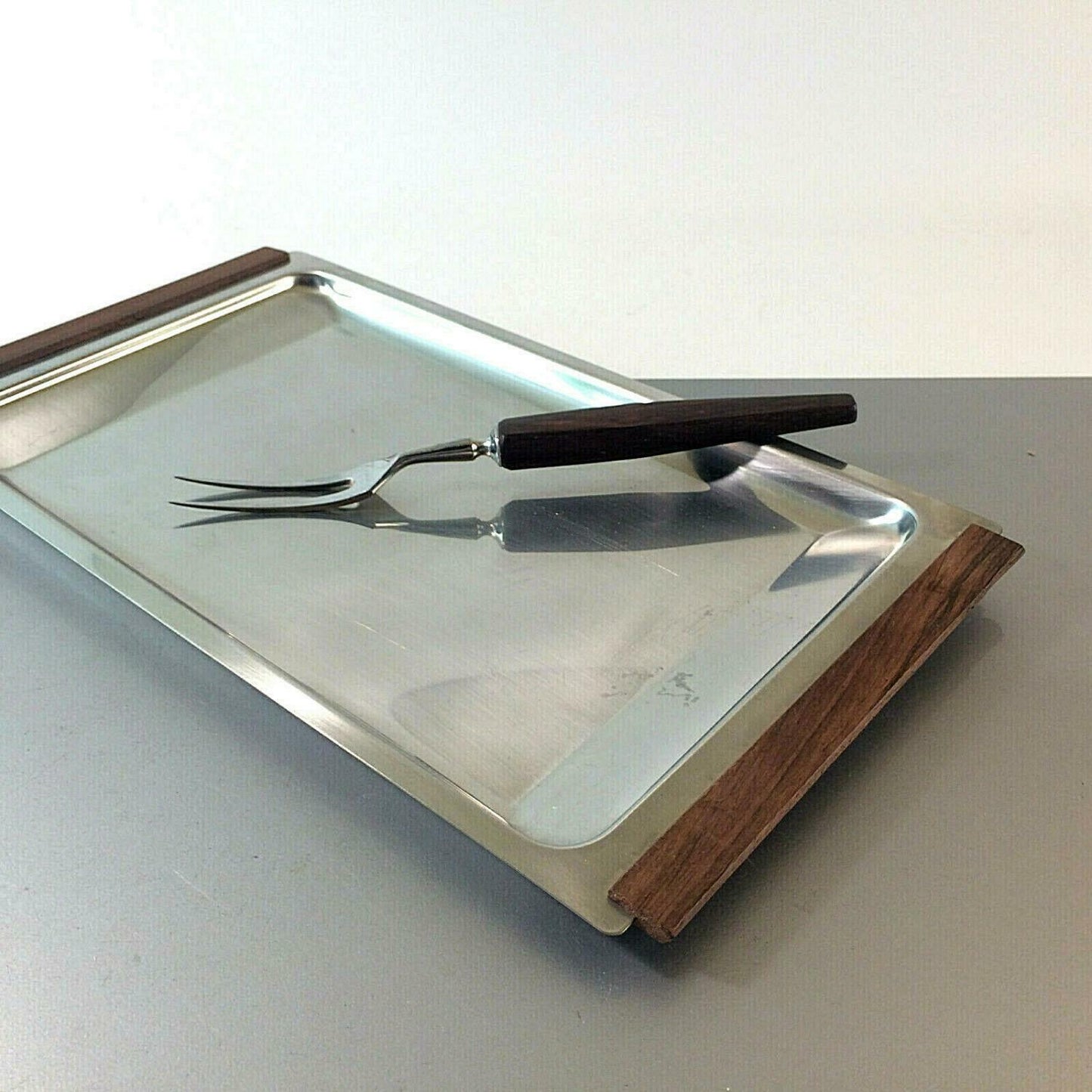 Tablett EDELSTAHL & Holz Teak MID Century 50er 60er 38 cm x 21 cm GABEL