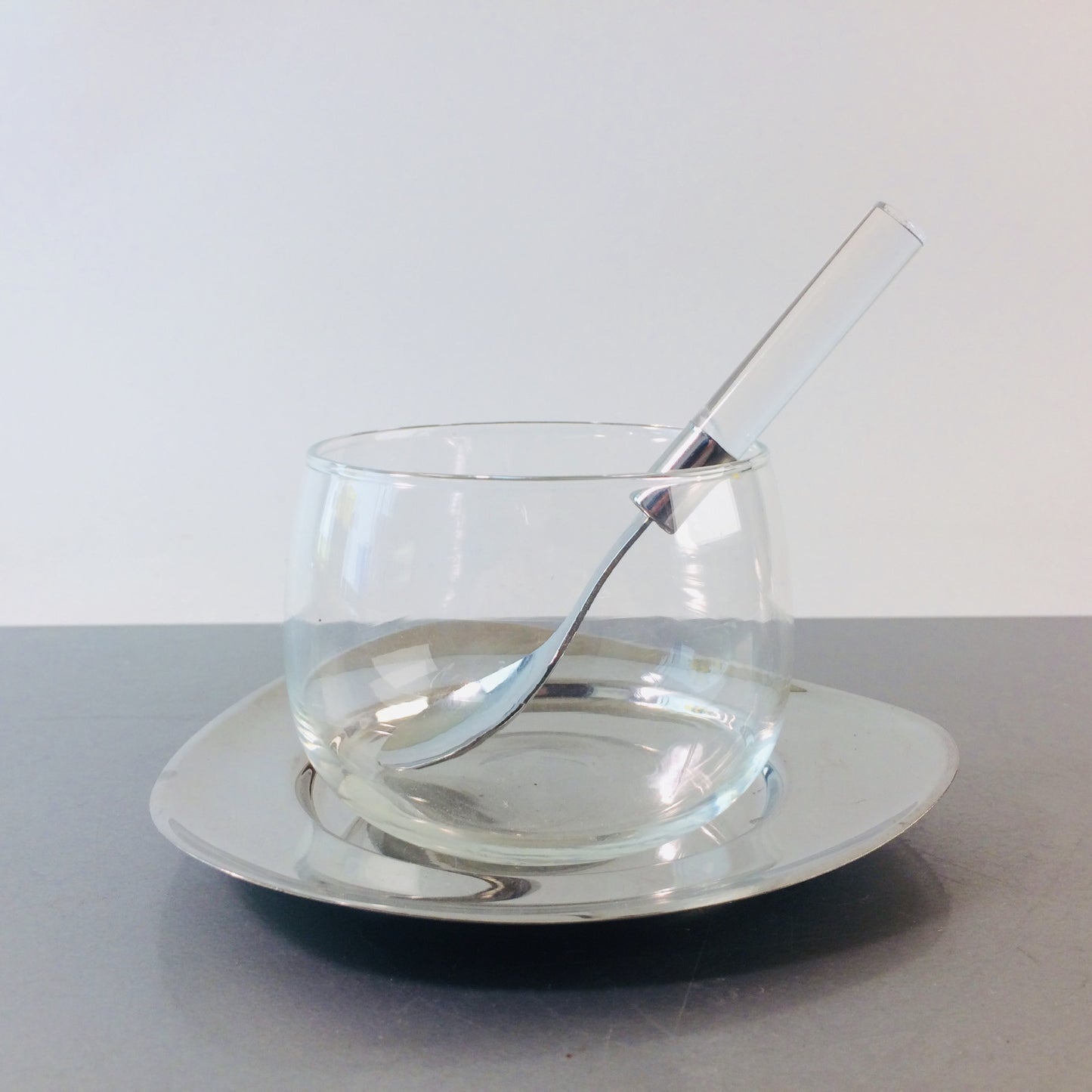 WMF Glas mit Tablett und Löffel Edelstahl