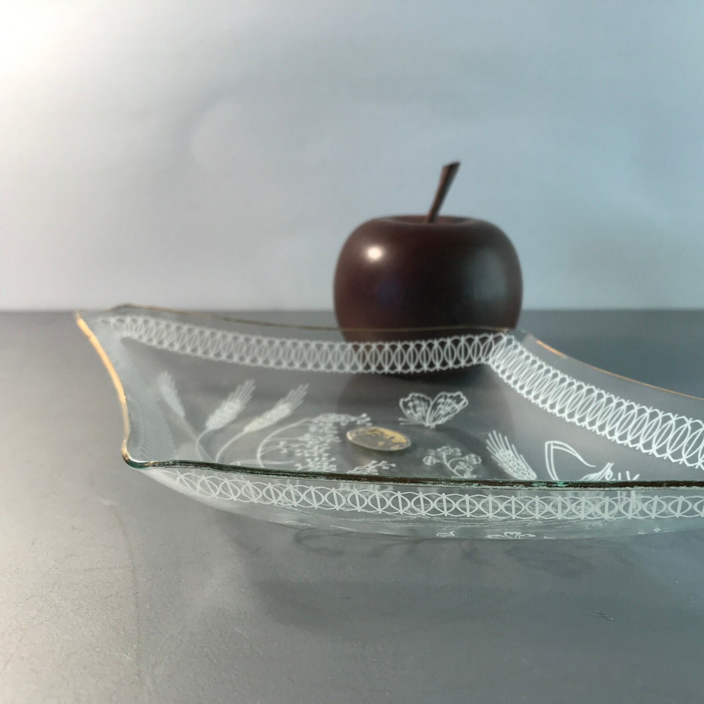 MID CENTURY Glasschale Schale FEINGLAS 50er 60er Goldrand & Ähren L 25 cm