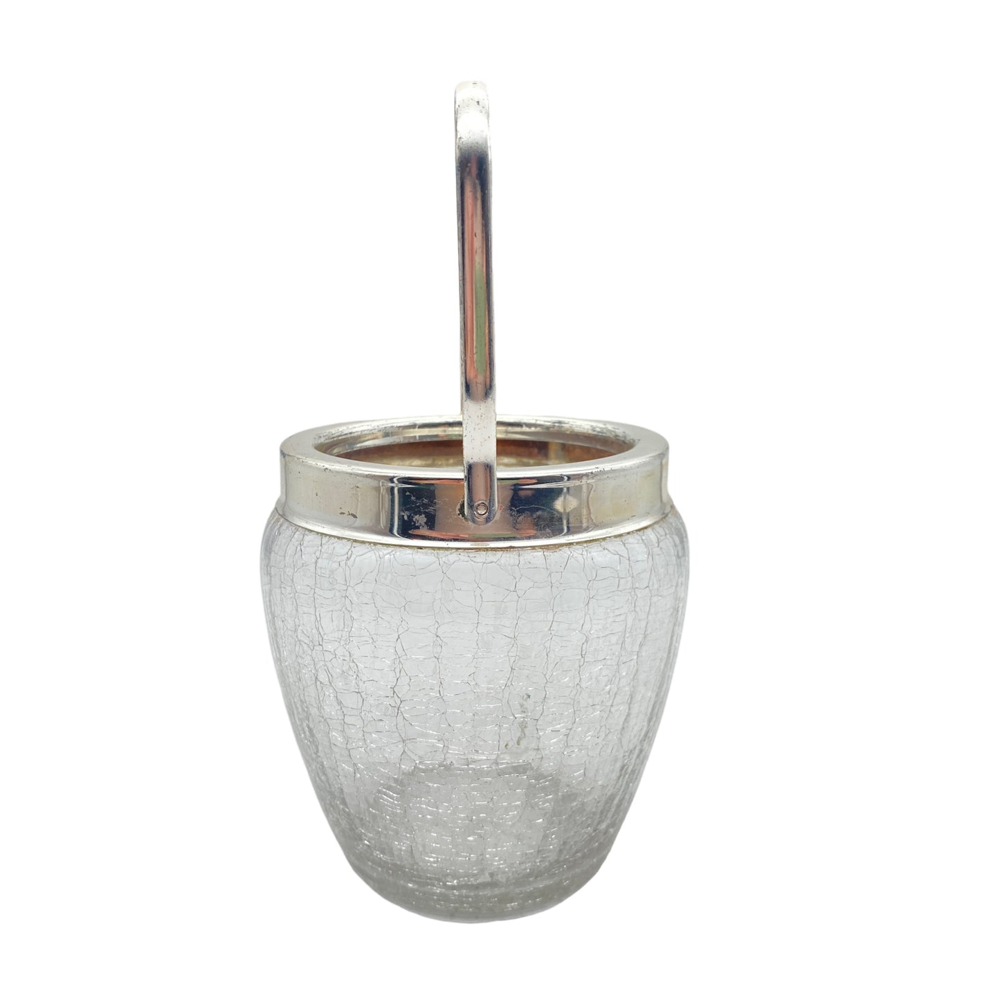 Eiseimer für die Bar aus Glas in der Craquele Optik versilbert mit Zange 50er 60er Jahre. Oben sind es 11,5 cm, der Rand ist versehen mit eine versilberten Montur mit Henkel.