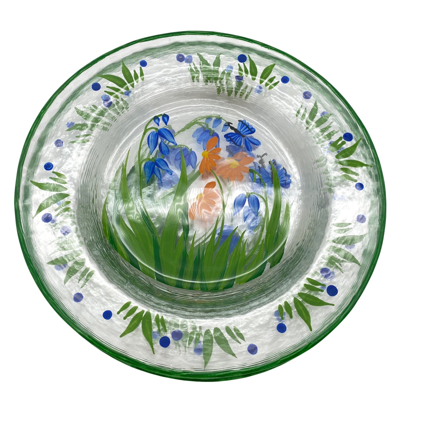 Diese Kanne aus Glas wurde handbemalt mit einer Blumenwiese in grün blau und gelb. Schön für Milch, Saft oder Wasser.