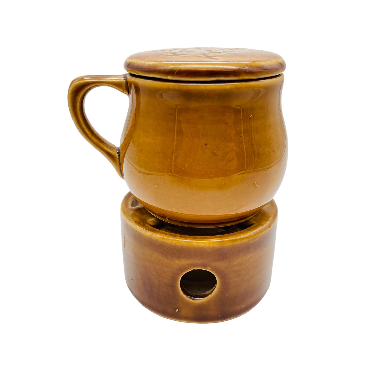 Kaffeetasse Keramik mit Stövchen braun Vintage Mid Century 60er 70er