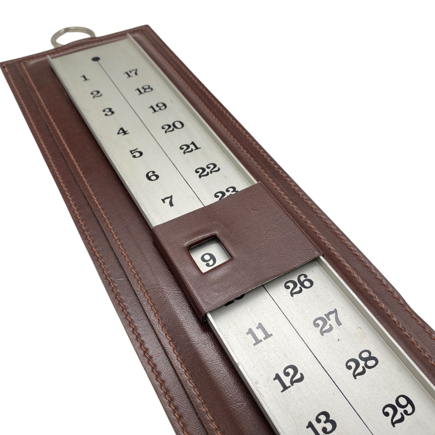 Kalender aus Leder mit Aluleiste für die Tage H 45 cm Vintage 70er Jahre