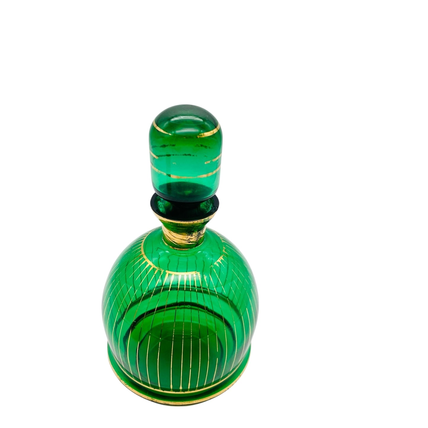Karaffe grün aus Glas mit Gold Dekor bemalt 60er 70er Jahre Flasche Schnaps