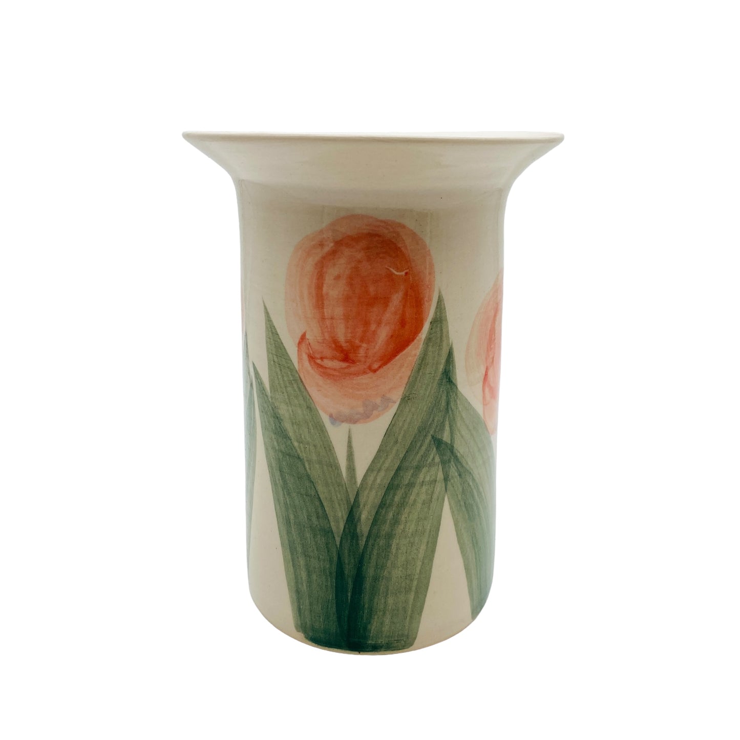 Keramikvase bemalt mit Tuplen grün rot Vintage 80er Jahre signiert