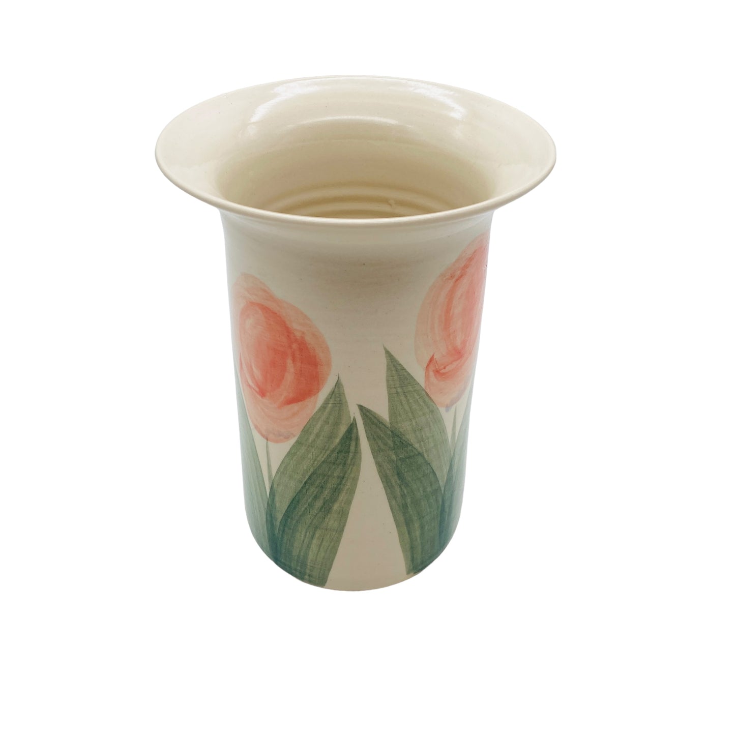 Keramikvase bemalt mit Tuplen grün rot Vintage 80er Jahre signiert