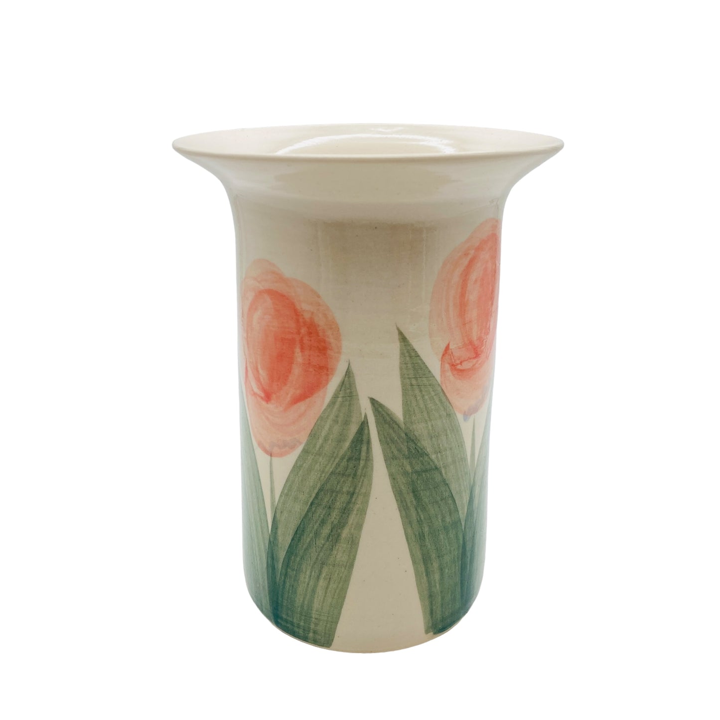 Keramikvase bemalt mit Tuplen grün rot Vintage 80er Jahre signiert