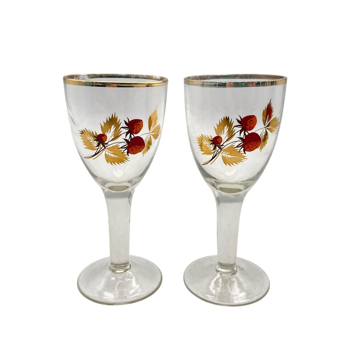 Likörgläser mit Erdbeeren Dekor Vintage 60er 70er Jahre Glas Goldrand Set