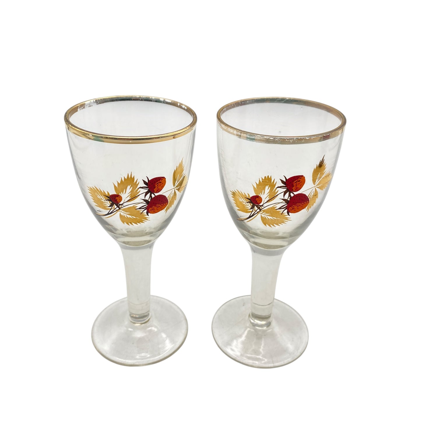 Likörgläser mit Erdbeeren Dekor Vintage 60er 70er Jahre Glas Goldrand Set