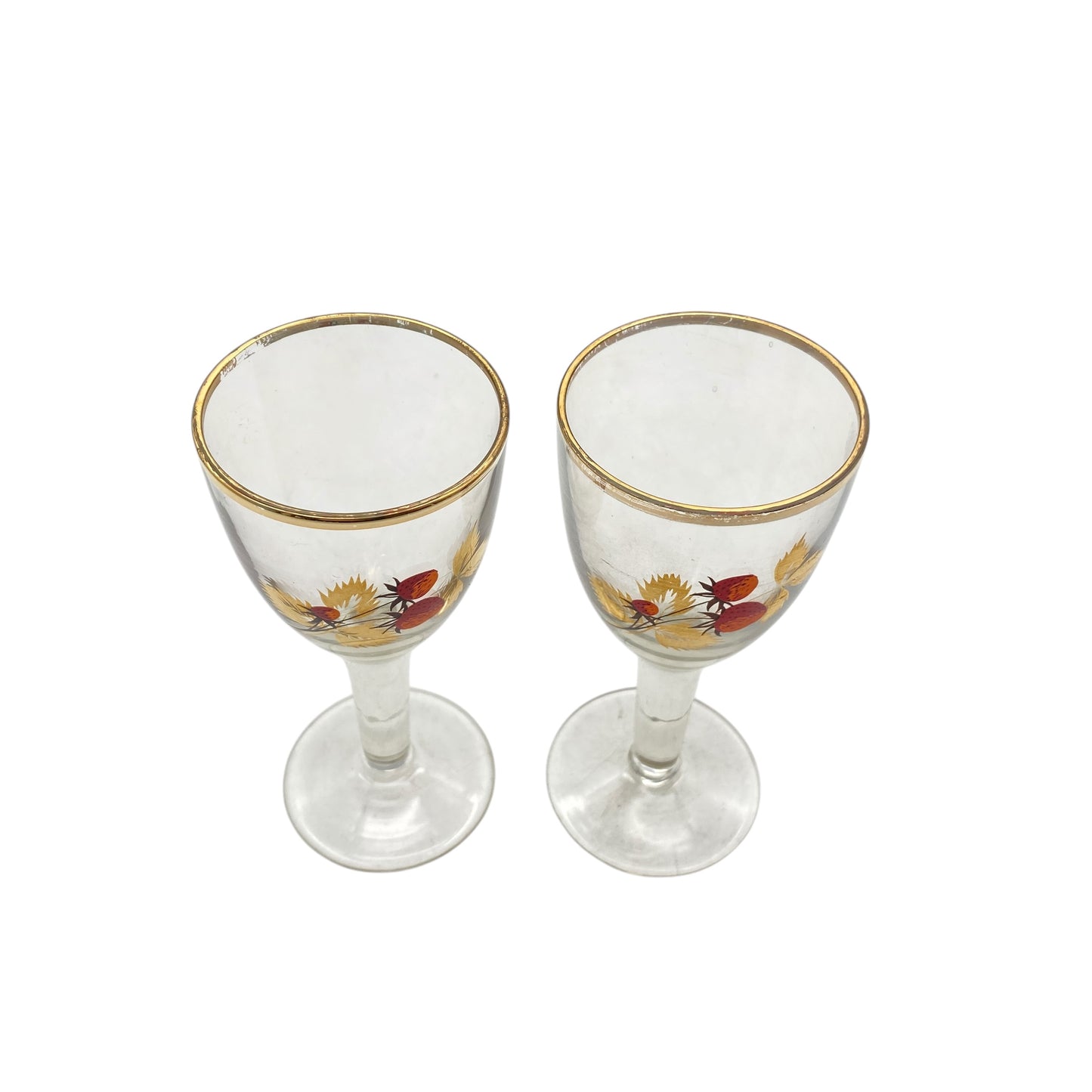 Likörgläser mit Erdbeeren Dekor Vintage 60er 70er Jahre Glas Goldrand Set
