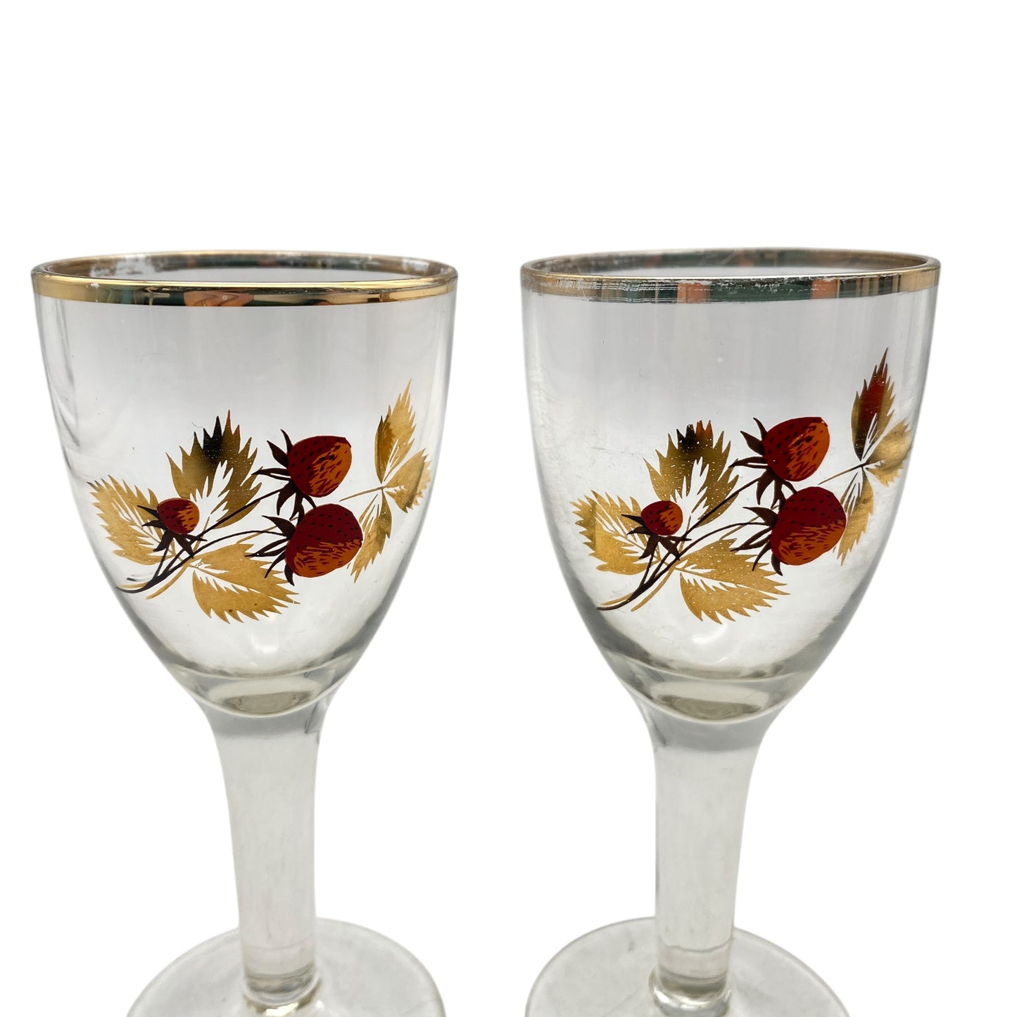 Likörgläser mit Erdbeeren Dekor Vintage 60er 70er Jahre Glas Goldrand Set