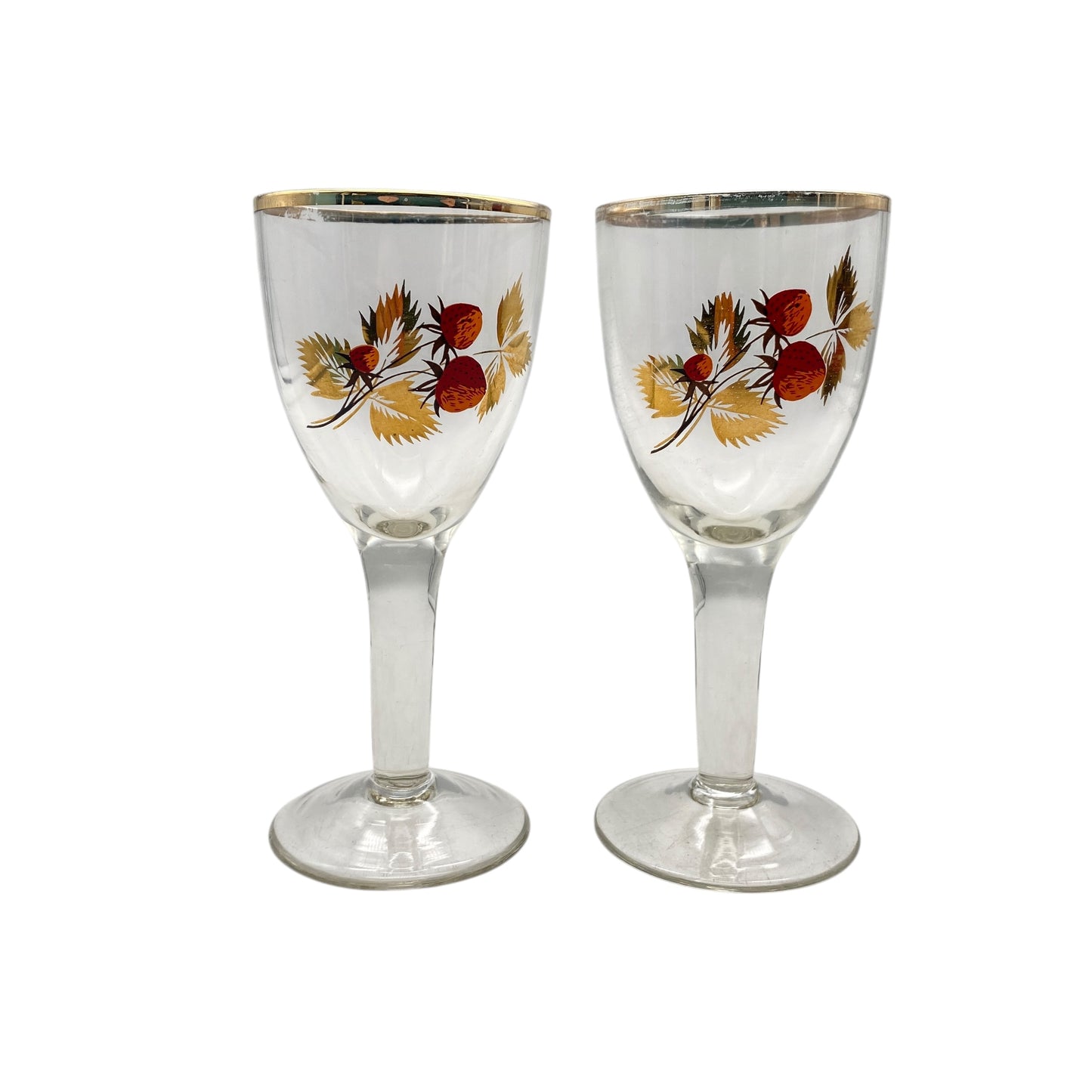 Likörgläser mit Erdbeeren Dekor Vintage 60er 70er Jahre Glas Goldrand Set