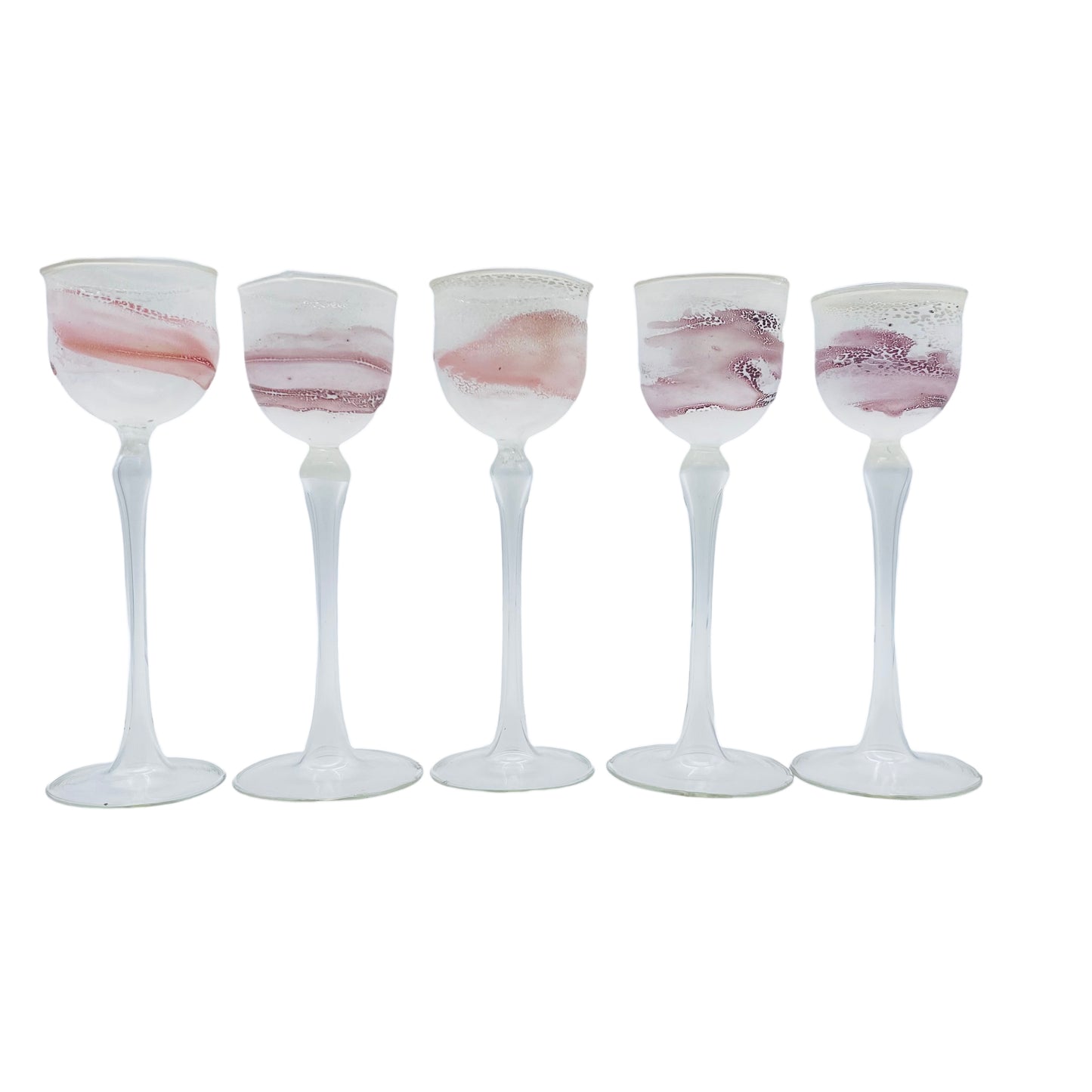 Likörgläser weiß rosa mundgeblasen handgefertigt 5er Set Glas Vintage