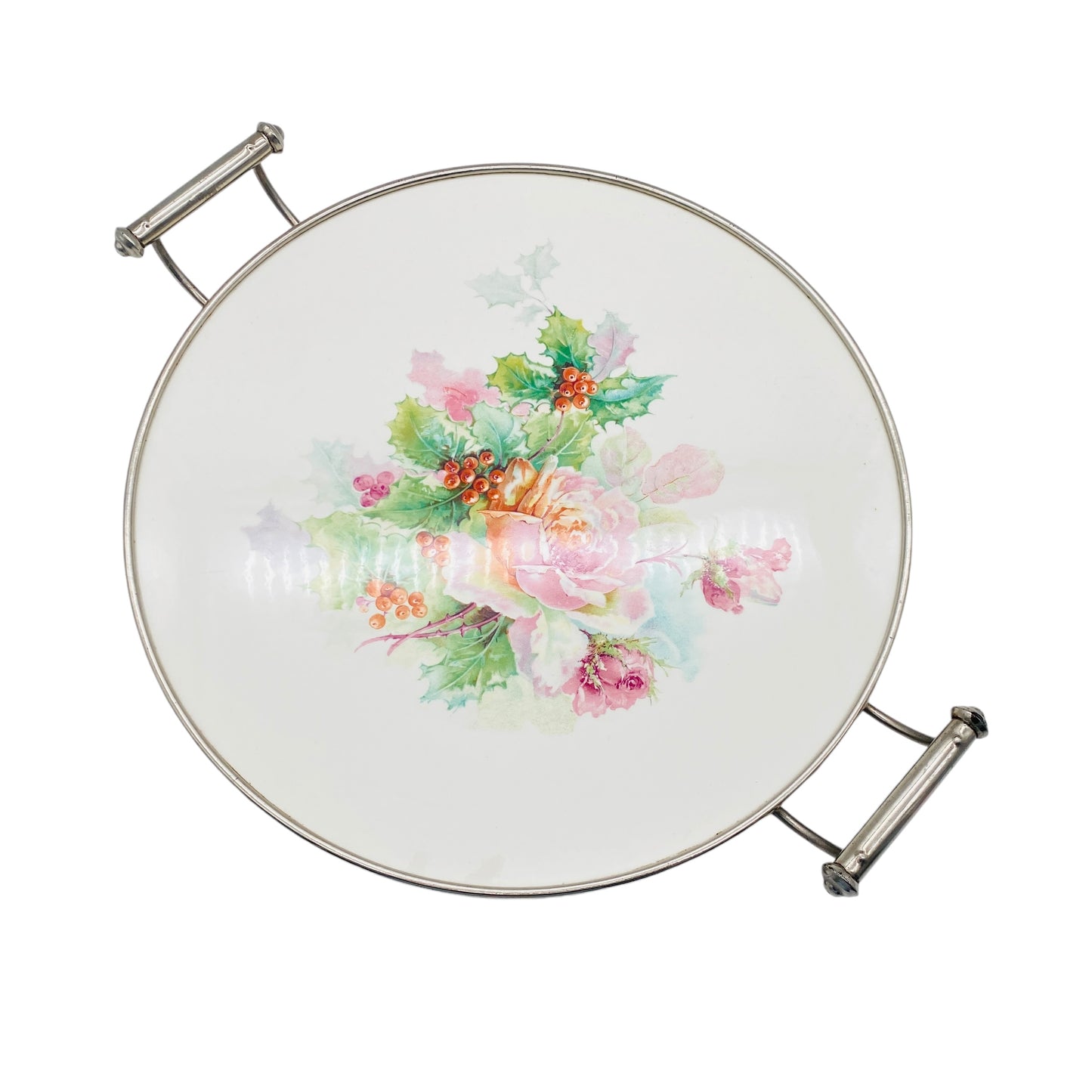 Mid-Century Tortenplatte Porzellan Metall Halter Rosen Stechpalme 40er 50er