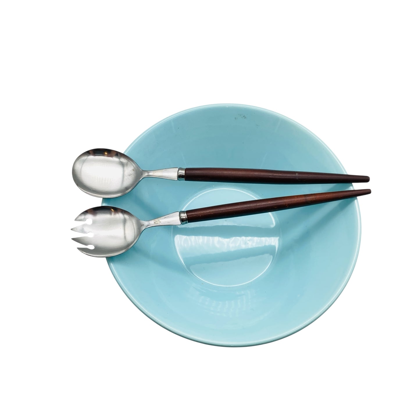 Mid Century Schale Schüssel mit Salatbesteck Keramik hellblau blau 50er 60er 70er Jahre
