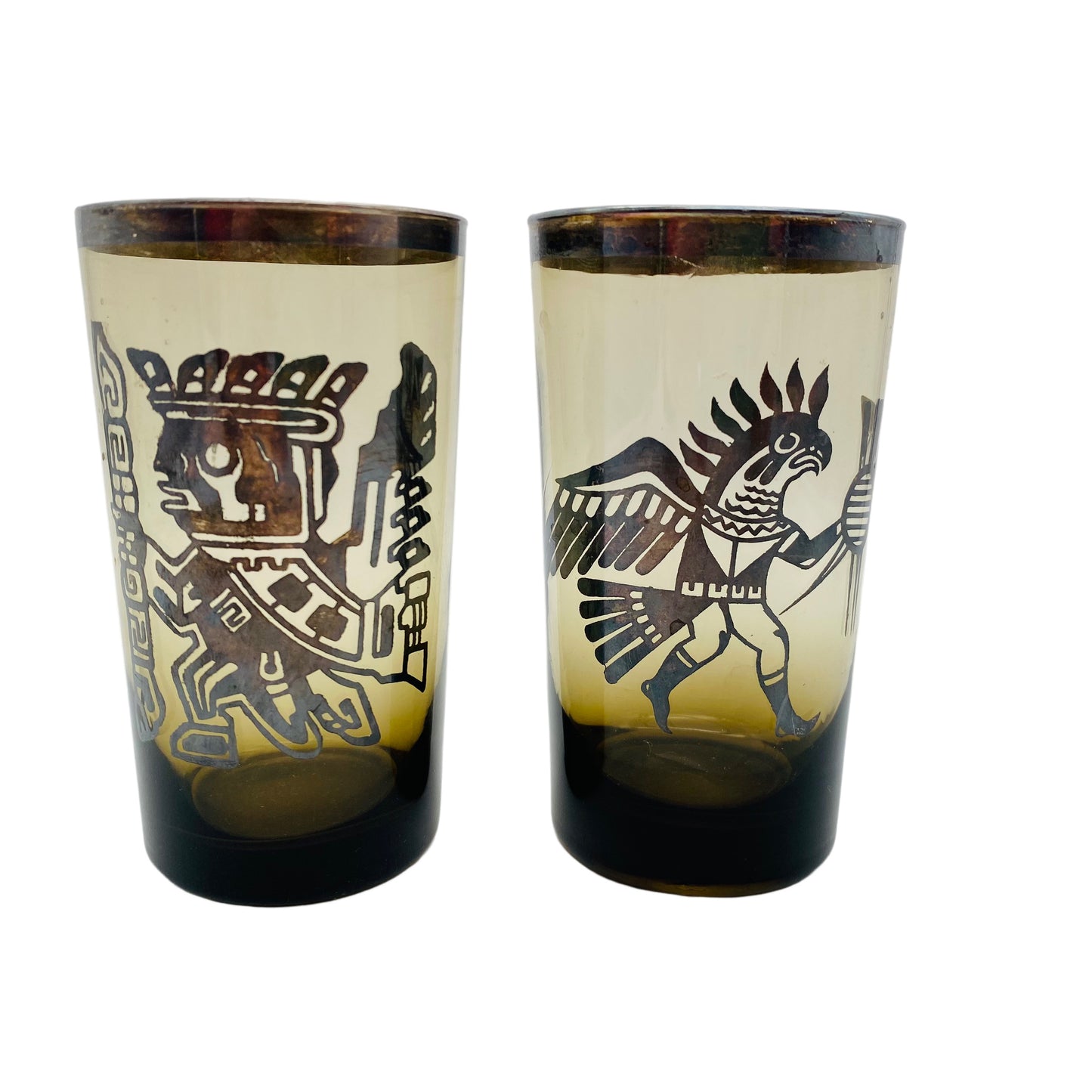 Mid Century Wassergläser Saftgläser Rauchglas 2er Set INKA Maya Dekor 60er