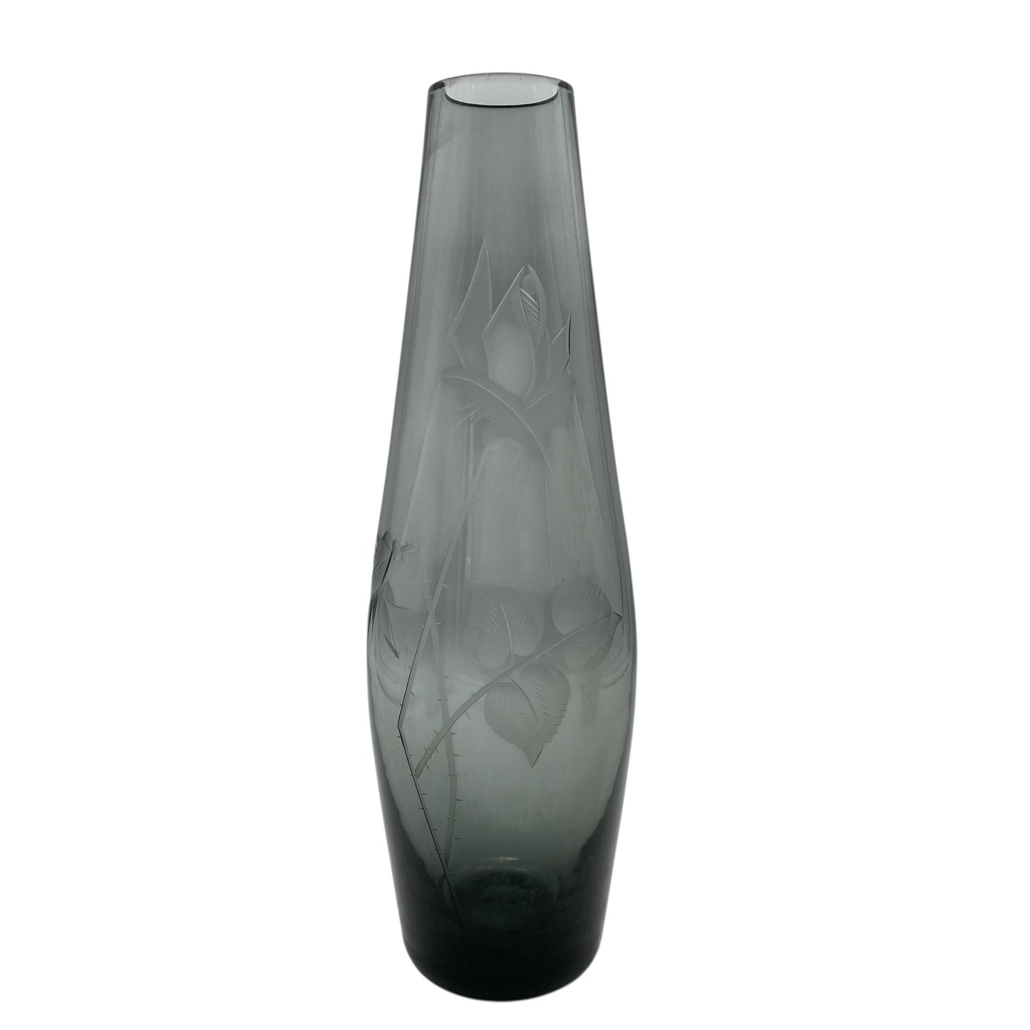 Rauchglas Vase mit Blüten Rosen beschliffen 60er 70er Jahre Mid Century Design