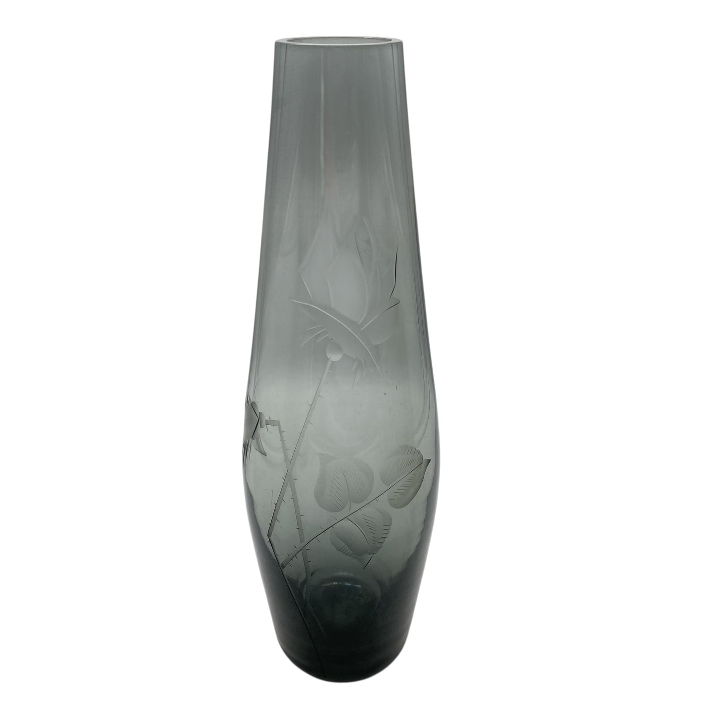 Rauchglas Vase mit Blüten Rosen beschliffen 60er 70er Jahre Mid Century Design