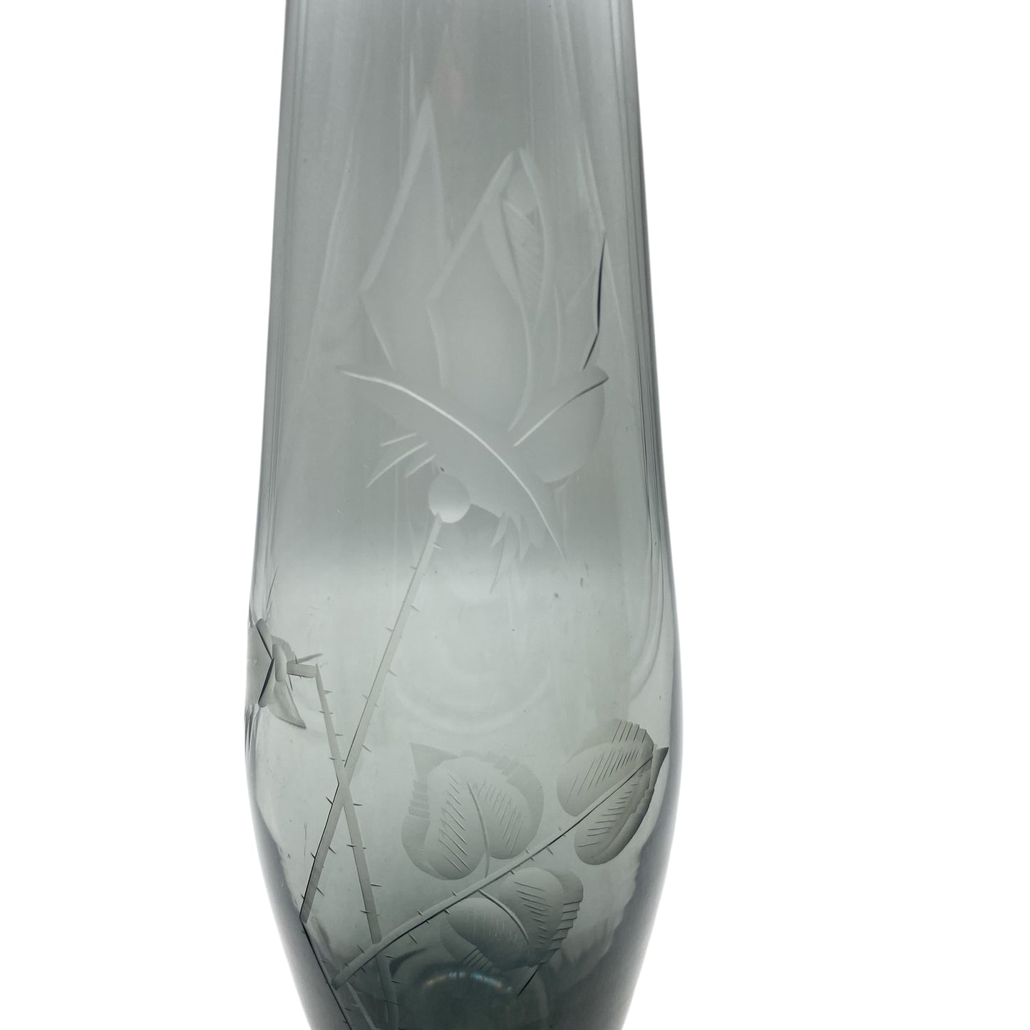 Rauchglas Vase mit Blüten Rosen beschliffen 60er 70er Jahre Mid Century Design