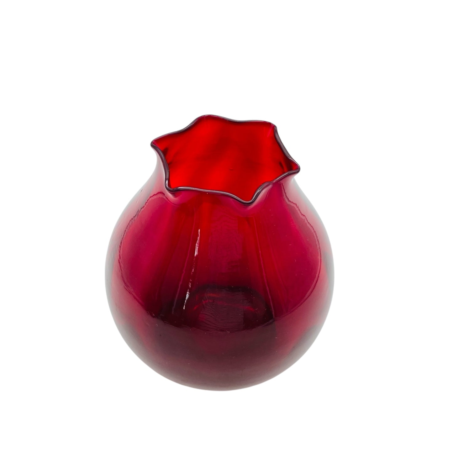 Rote Vase Mitte des Jahrhunderts mit welligem Rand Dekoration Blumenvase