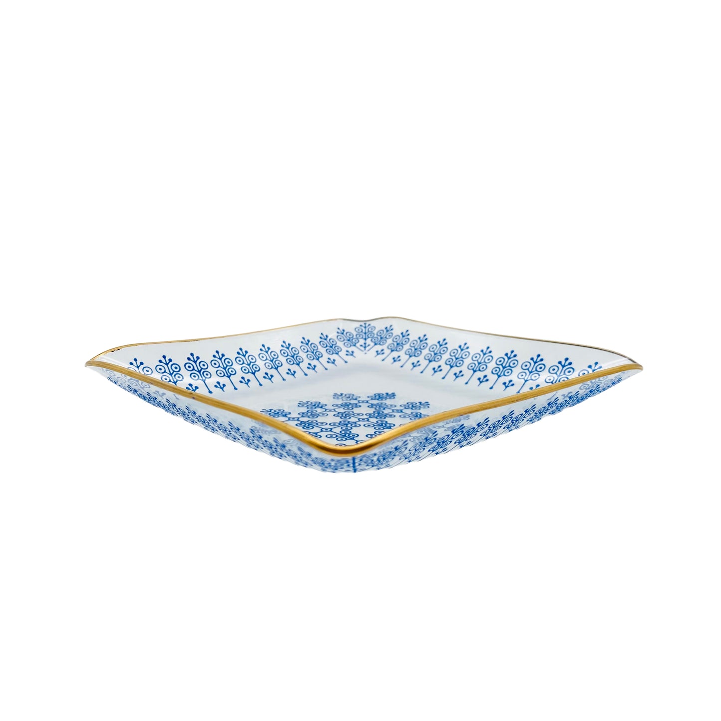 Schale Feinglas Goldrand Muster blau 60er 70er Jahre Glas