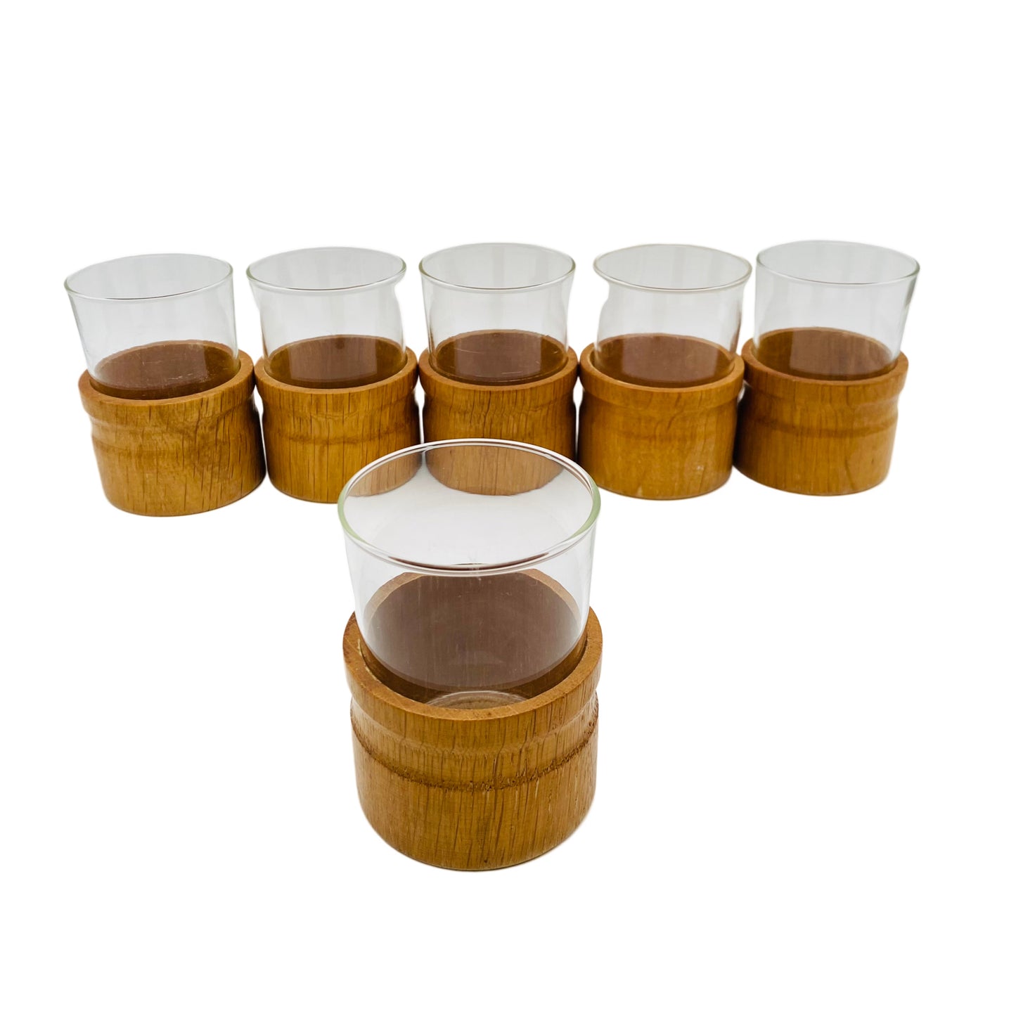 Teegläser im Halter aus Holz mit SCHOTT Gläsern 60er 70er Jahre 6er Set