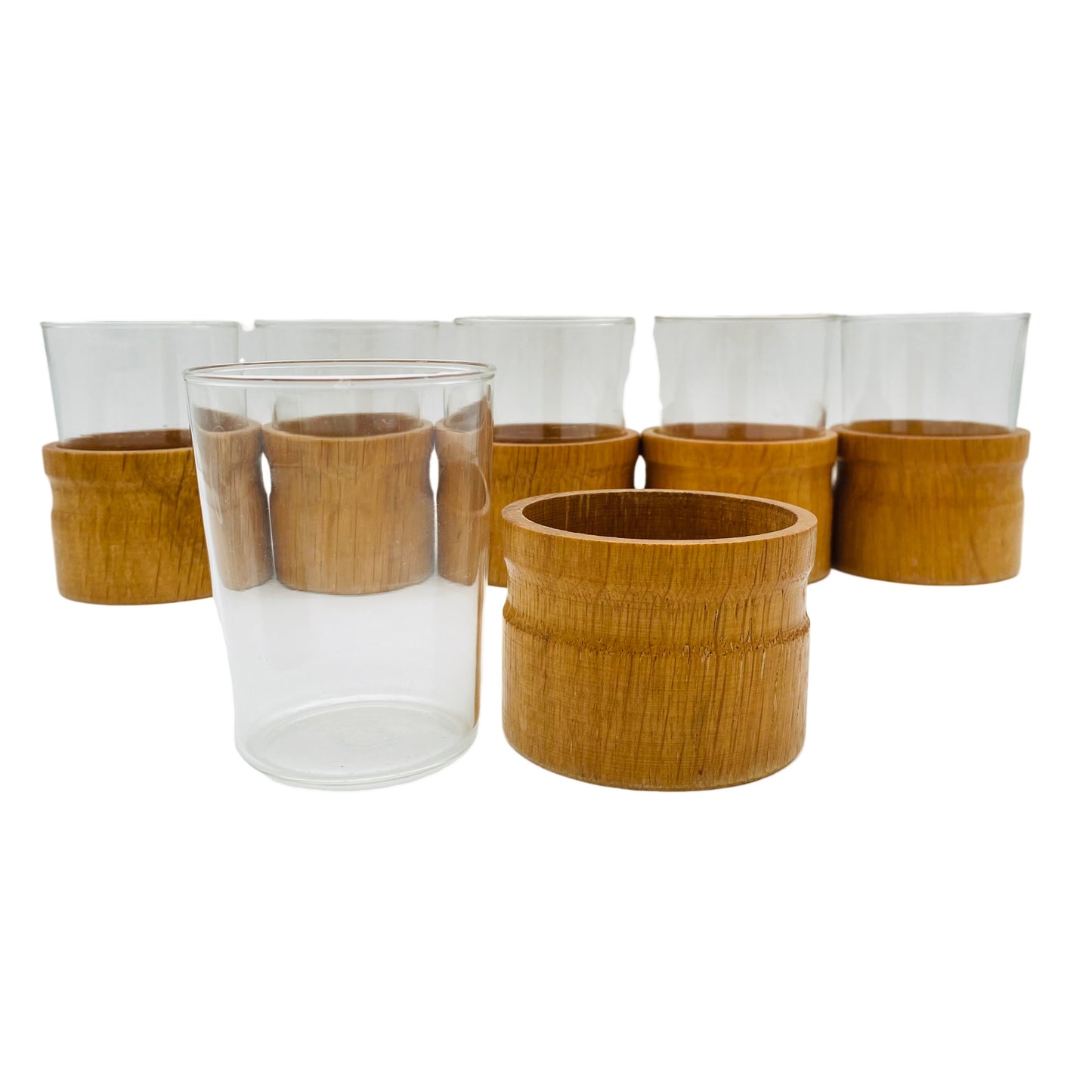 Teegläser im Halter aus Holz mit SCHOTT Gläsern 60er 70er Jahre 6er Set