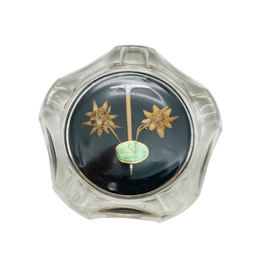 Vintage Aschenbecher Glas mit echten Edelweiss 60er 70er Jahre Ascher