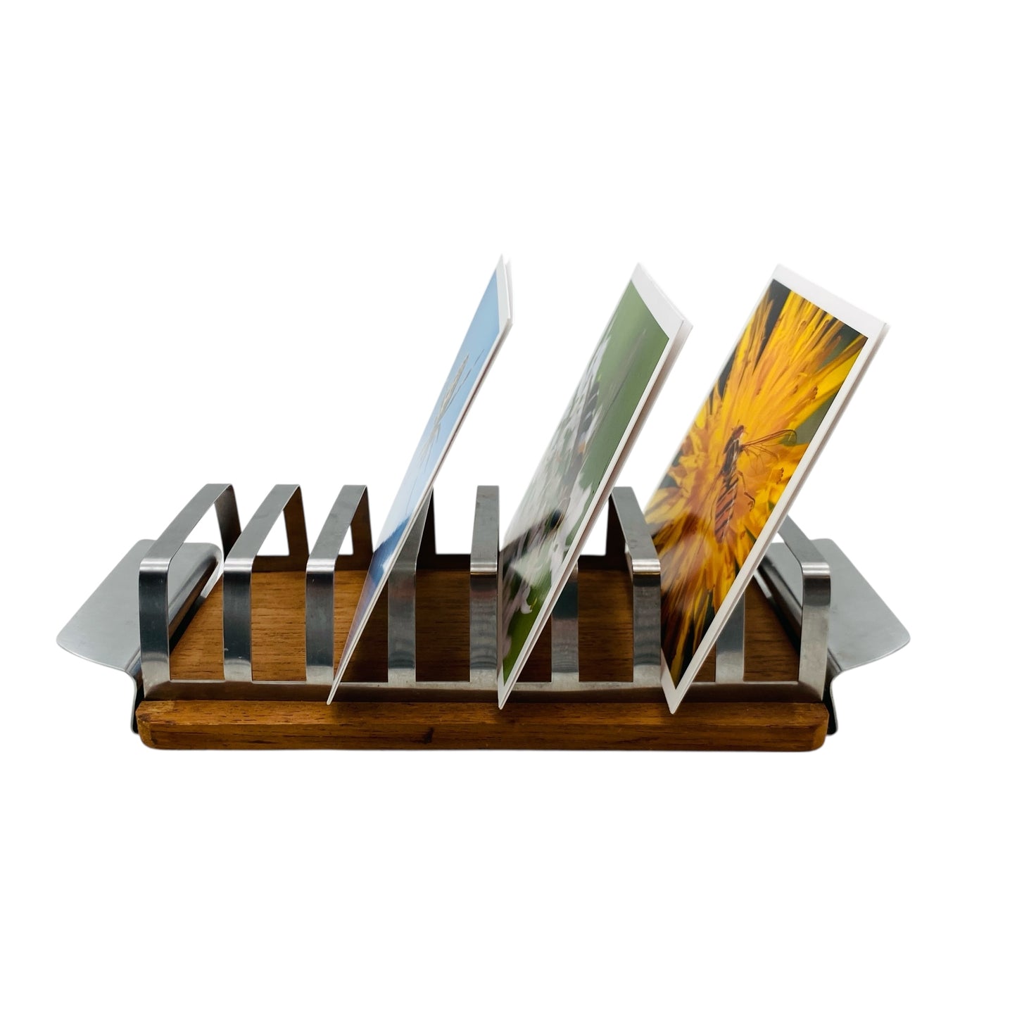 Vintage Dekoration für Briefe Postkarten Schreibtisch aus Holz und Edelstahl 60er 70er Jahre Toasthalter