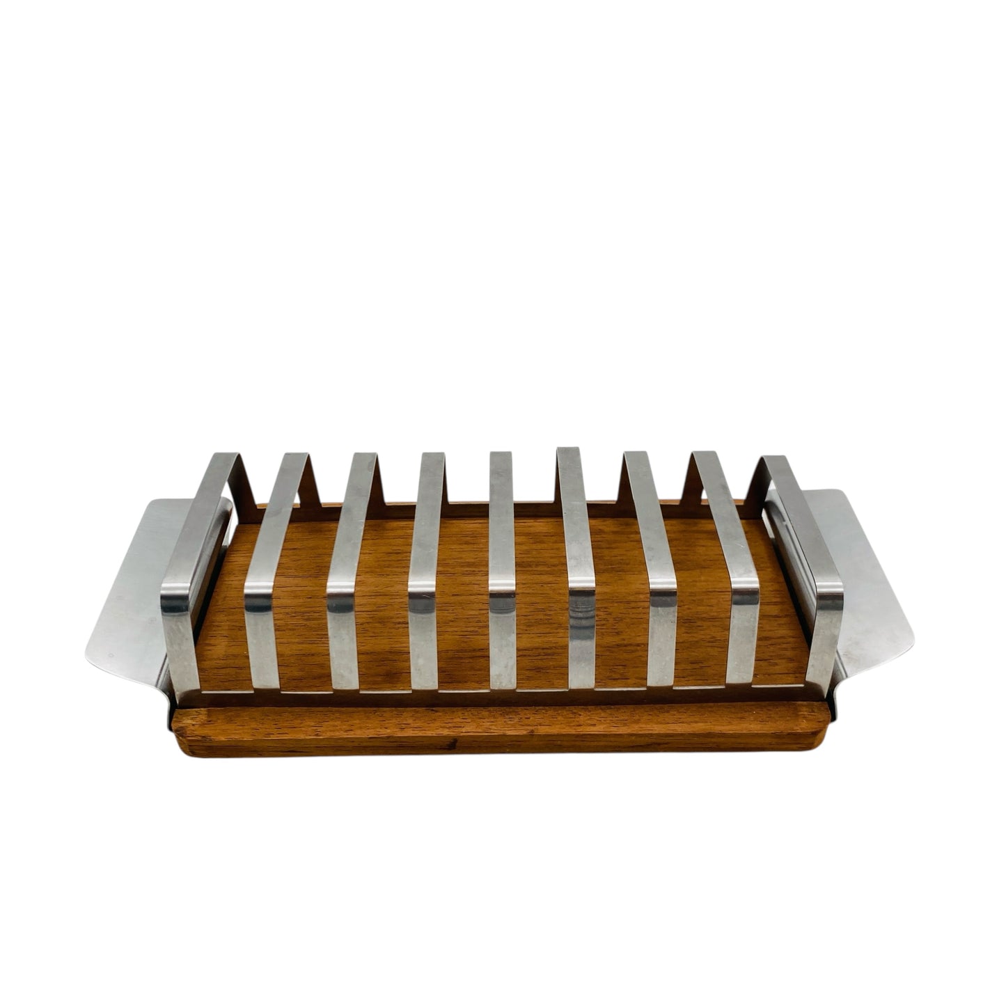 Vintage Dekoration für Briefe Postkarten Schreibtisch aus Holz und Edelstahl 60er 70er Jahre Toasthalter