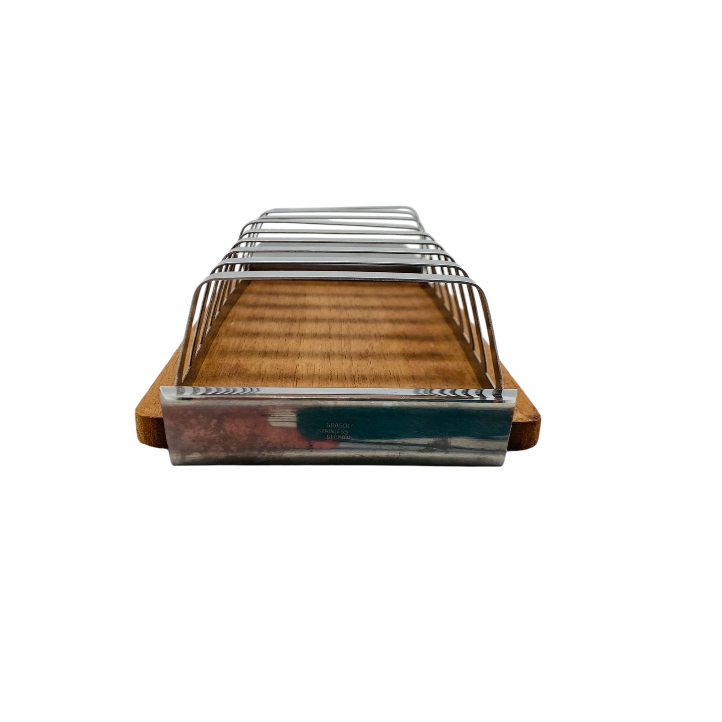 Vintage Dekoration für Briefe Postkarten Schreibtisch aus Holz und Edelstahl 60er 70er Jahre Toasthalter