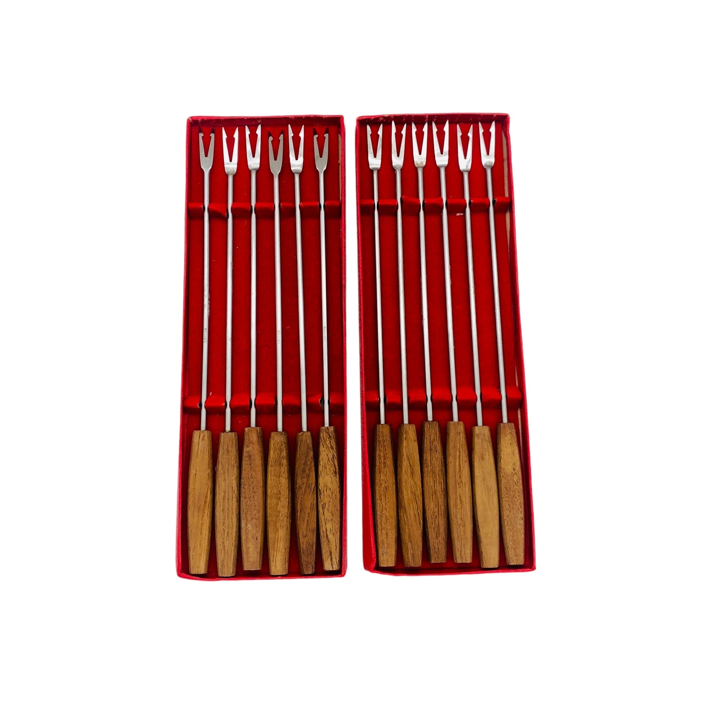 Vintage Fonduegabeln 12er Set Holzgriffe Edelstahl für Käsefondue Fleischfondue 60er 70er