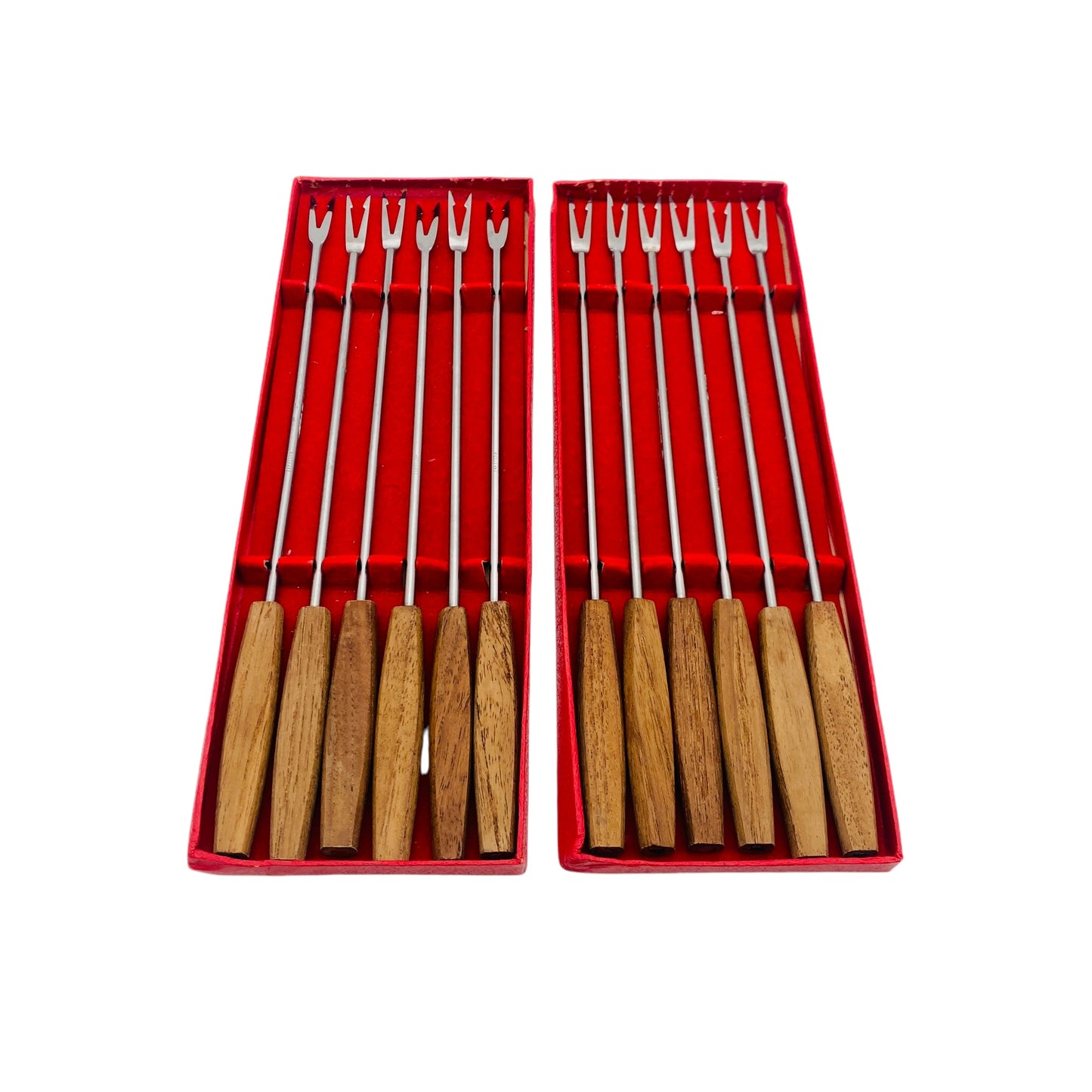 Vintage Fonduegabeln 12er Set Holzgriffe Edelstahl für Käsefondue Fleischfondue 60er 70er