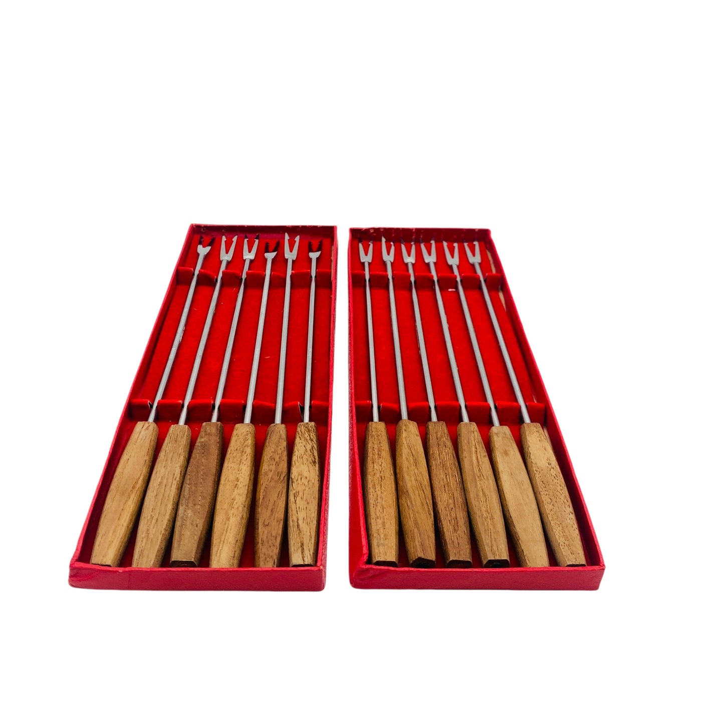 Vintage Fonduegabeln 12er Set Holzgriffe Edelstahl für Käsefondue Fleischfondue 60er 70er