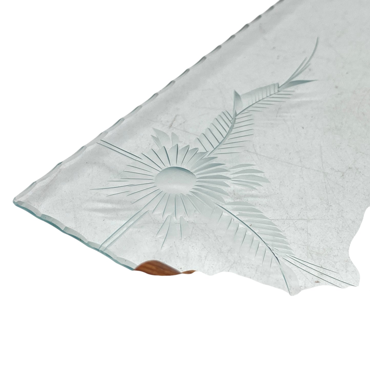 Vintage Glastablett mit Holz Griffen 50er 60er beschliffen Blüten Mid Century