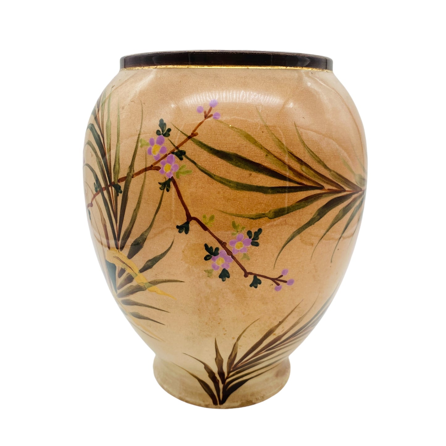 Vintage Keramikvase handbemalt Vogel Blüten unbekannt gemarkt für Trockenblumen