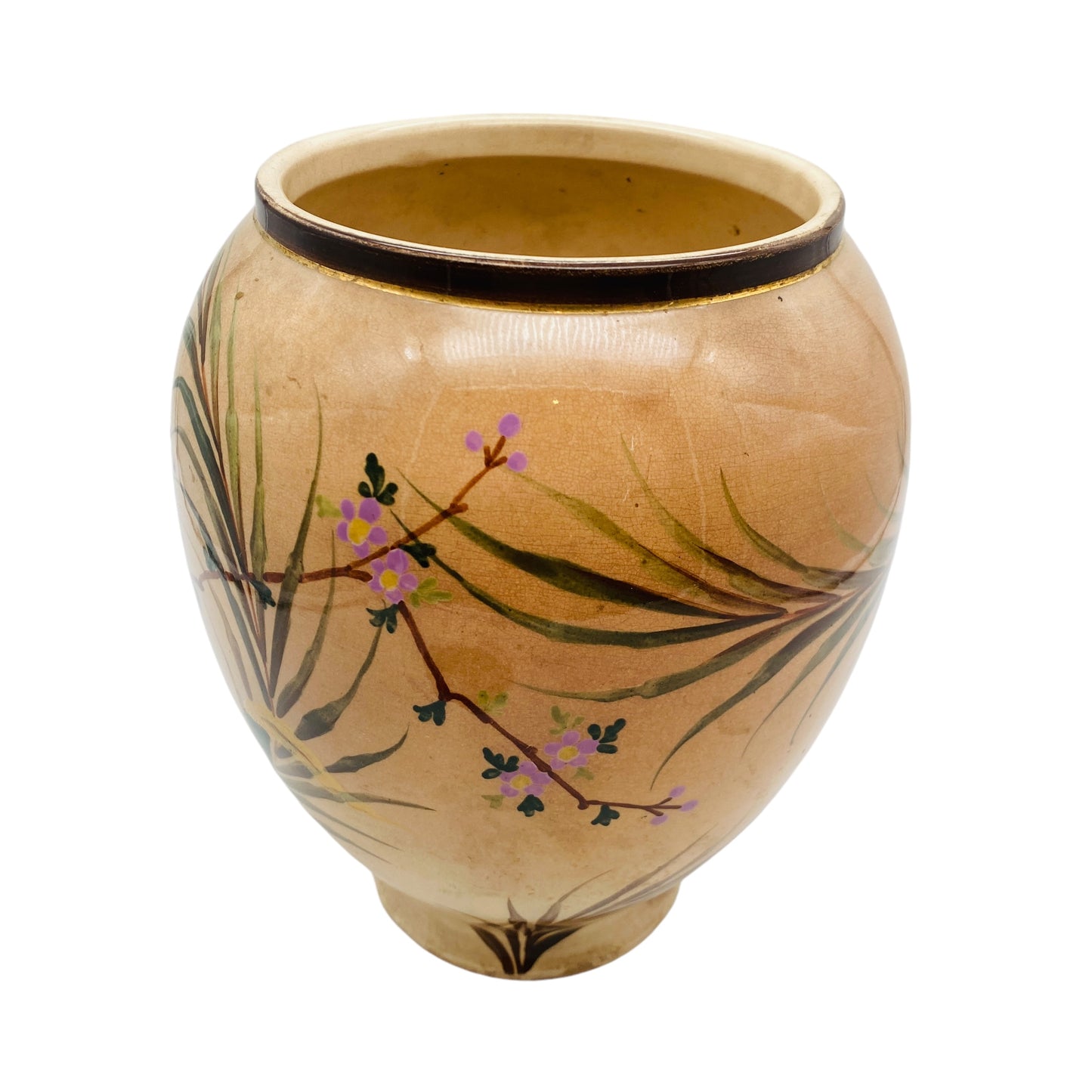 Vintage Keramikvase handbemalt Vogel Blüten unbekannt gemarkt für Trockenblumen