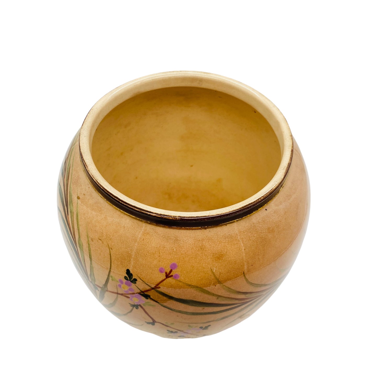 Vintage Keramikvase handbemalt Vogel Blüten unbekannt gemarkt für Trockenblumen