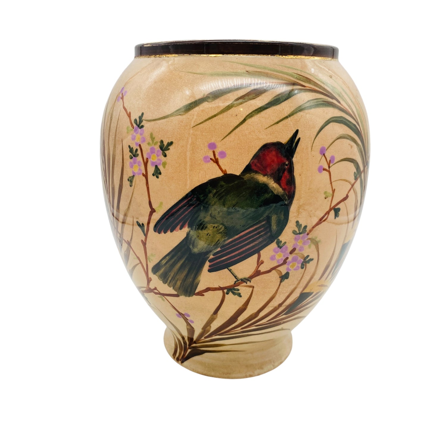 Vintage Keramikvase handbemalt Vogel Blüten unbekannt gemarkt für Trockenblumen
