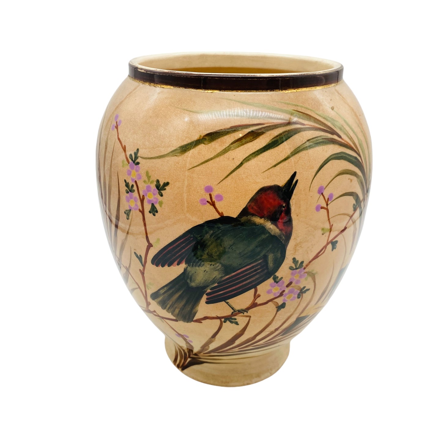 Vintage Keramikvase handbemalt Vogel Blüten unbekannt gemarkt für Trockenblumen