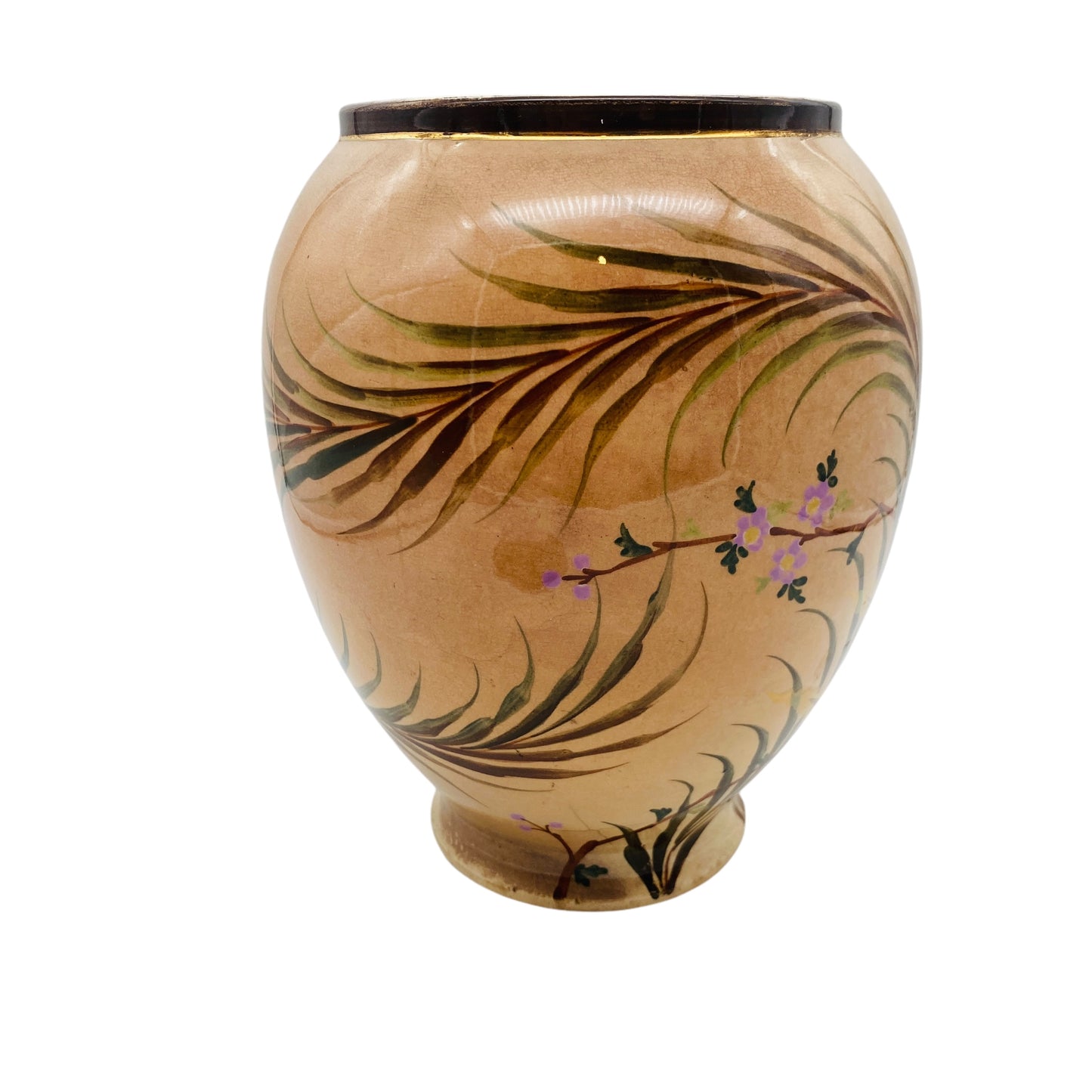 Vintage Keramikvase handbemalt Vogel Blüten unbekannt gemarkt für Trockenblumen